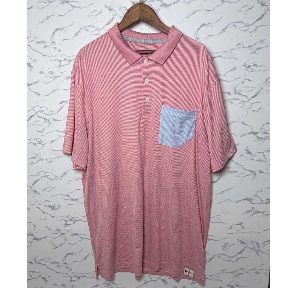 Puma Golf Polo Shirt Mens XL Pink White Striped Pocket Excellent 595787-04